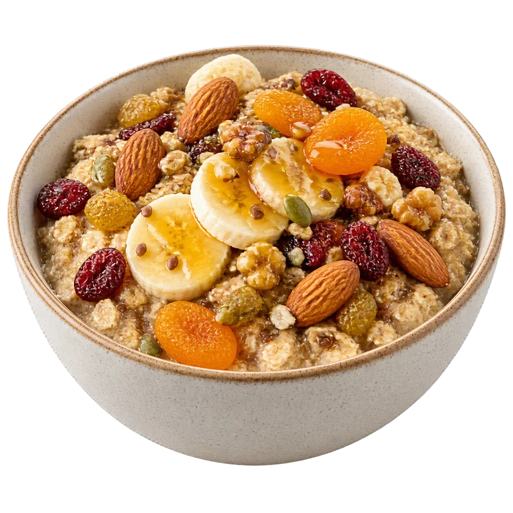 Fresh wholesome breakfast bowl with organic granola, nuts and seeds